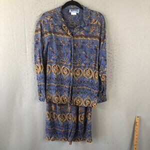 Vintage Buckles Shirt Skirt Set Womens Medium Button Up 2 Piece Rayon 90s